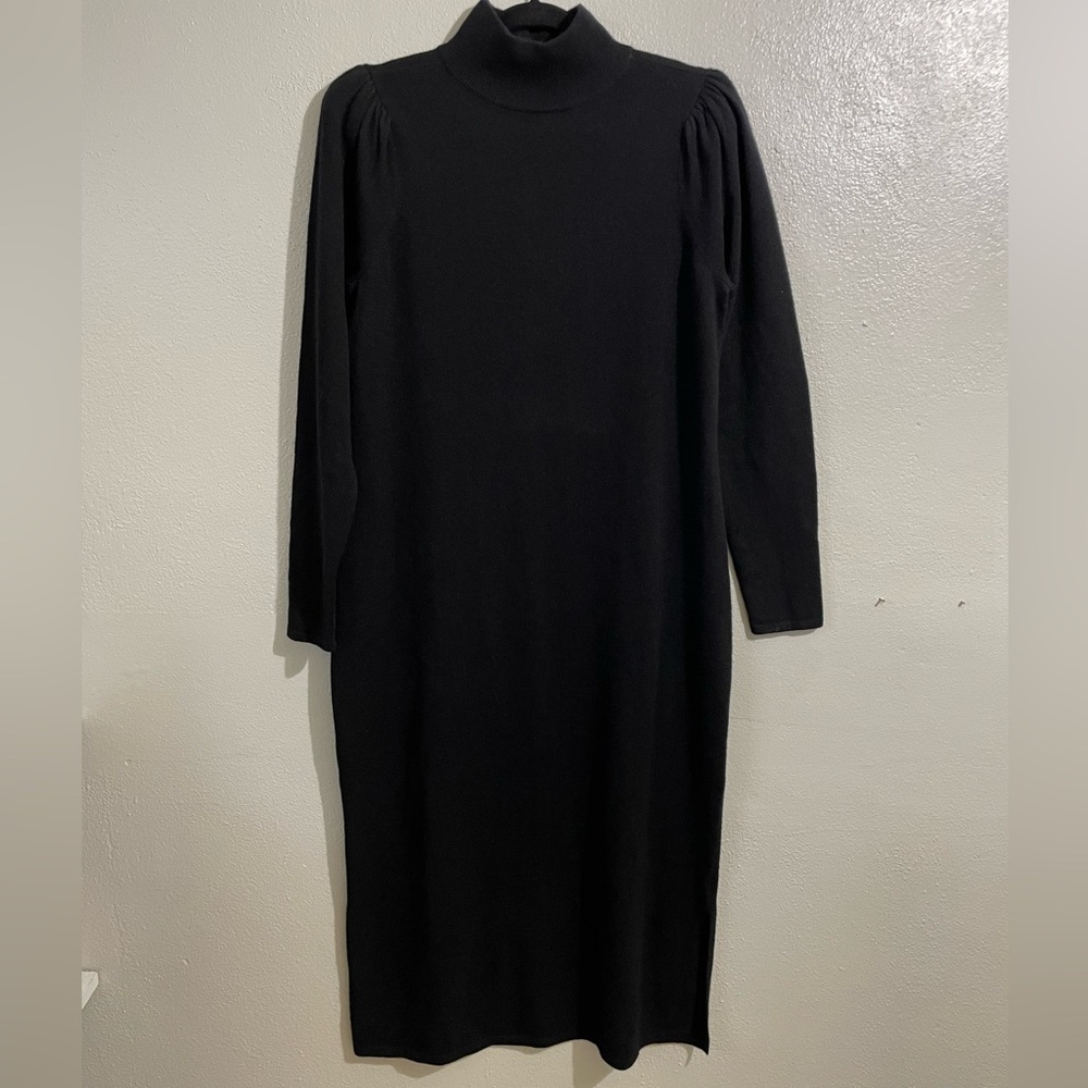 Charter Club Luxury Cashmere Jet Black Mock Neck Sweater Dress Large Midi Knit